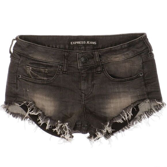 Express Shorts Juniors 00 Mid Rise Charcoal Wash Raw Hem Stretch Measures W28 - Picture 1 of 7